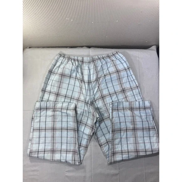 LLBean Long Sleeve Henley Pajama Set Top Pants Light Blue Plaid Cotton L PET - Picture 13 of 15